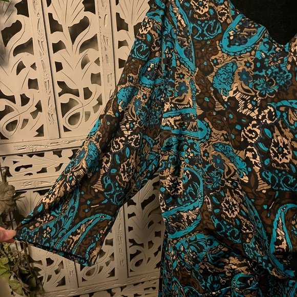 ELEMENTZ EXCELLENT TURQUOISE BLUE & TAN/BROWN SWIRL DESIGN MID SLEEVE MIDI DRESS - Picture 4 of 10